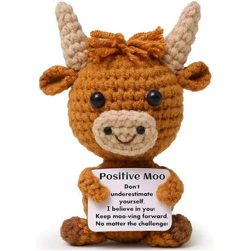 Mini Funny Positive Highland Cow, Knitted Wool Cow Toy with Positive Card Creative Cute Crochet Doll Emotional Student Christmas