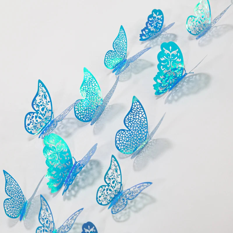 New Mirror Paper Iridescent Purple Green Blue 3D Hollow Butterflies Wall Stickers Butterfly Decal Birthday Party DIY Decorations