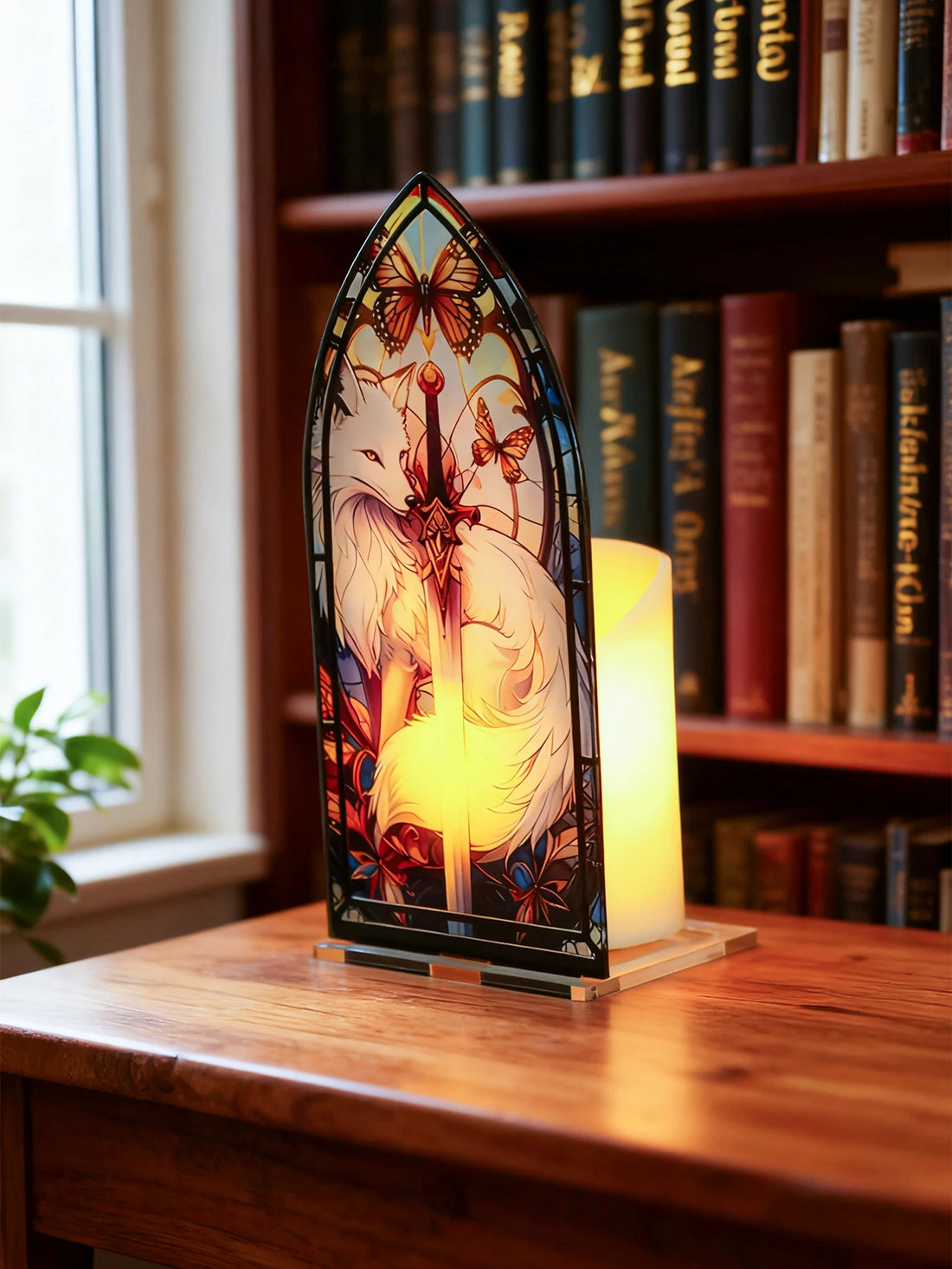 White Fox Pattern Gothic Arch Decor, Acrylic Cndle Holder, Butterfly & Sword Design, Artistic Tabletop Ornaments for Home Gifts