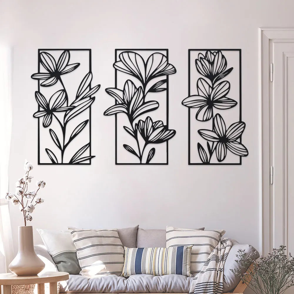 3-Piece Classic Iron Wall Art Decor, Floral Metal Murals for Bedroom and Living Room - Elegant Flower Wall Sculptures for Modern