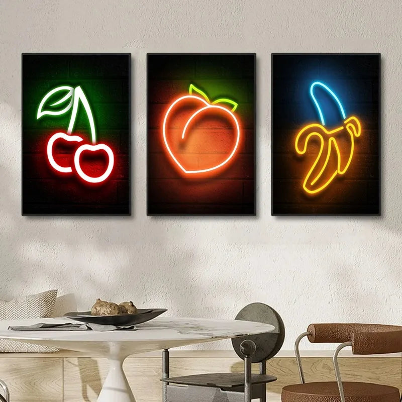 Pop Neon Signs Coin Basketball Fruit Banana Poster and Prints Canvas Printing Wall Art Picture for Living Room Kitchen Bar Decor