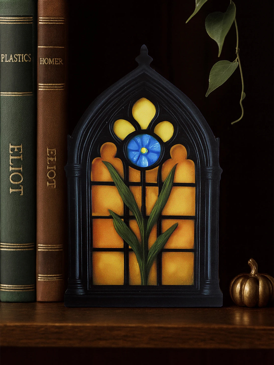 Gothic Church Window Style Desktop Decor Floral/Geometric Pattern Halloween Decoration Wooden Tabletop Ornaments for Home, Shelf