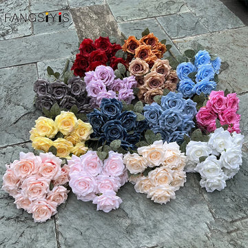 Top 9 Heads Curled Edge Rose Bouquet Artificial Flower Wedding Arrangement Materials Room Home Table Vase Decor Photo Props