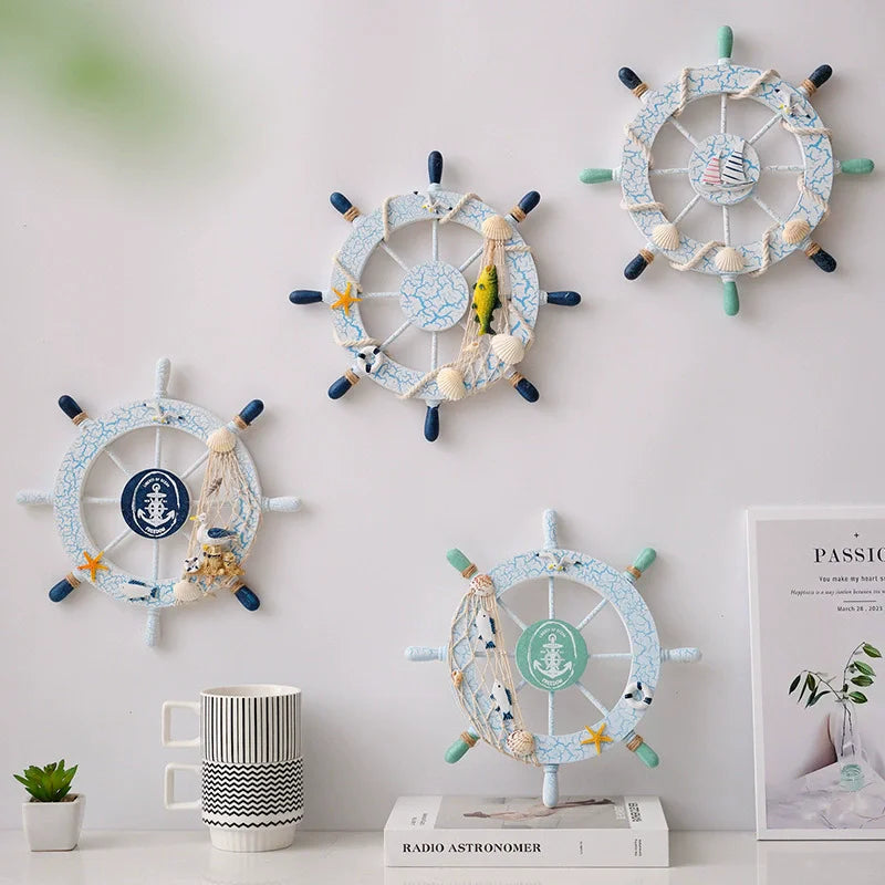 Nautical Mediterranean Ship Rudder Decor Wooden Boat Wheel Helm Home Living Room Craft Accessory