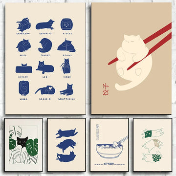 Minimalist Aesthetic Cute Animal Wall Art Illustration Poster Sleepy Kitties Canvas Painting Home Decor Cat Lover Gift