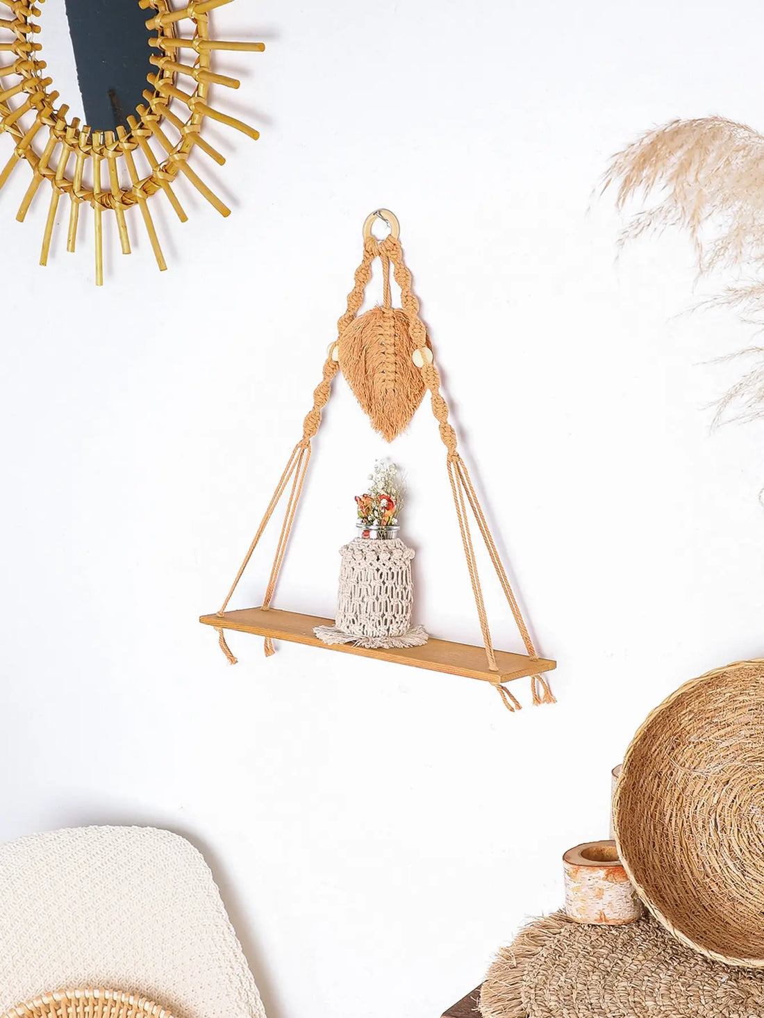 Woven Leaf Shape Tassel Floating Wall Shelf Plant Flower Pot Tray Wooden Display Stand Boho  Modern Home Decoration Wall Decor