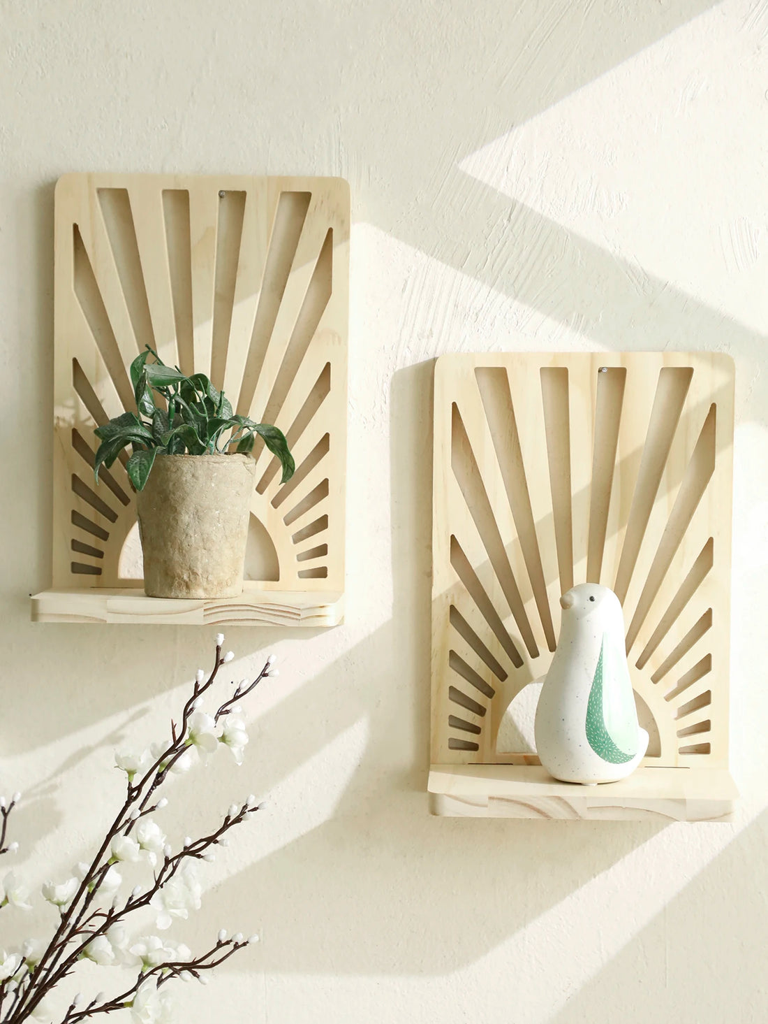 1pc Wooden Sunburst Wall Shelves, Boho Natural Style Display Rack for Plant, Ornaments, Entryway, Living Room Bedroom Home Decor