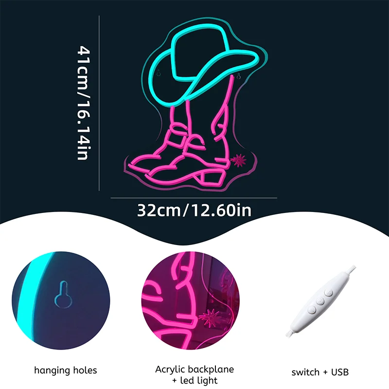 Cowboy Hat Cowboy Boots Neon Sign Custom Wall Decor Acrylic LED Display Light for Bedroom Game Room Bistro Pub Club Party Decor