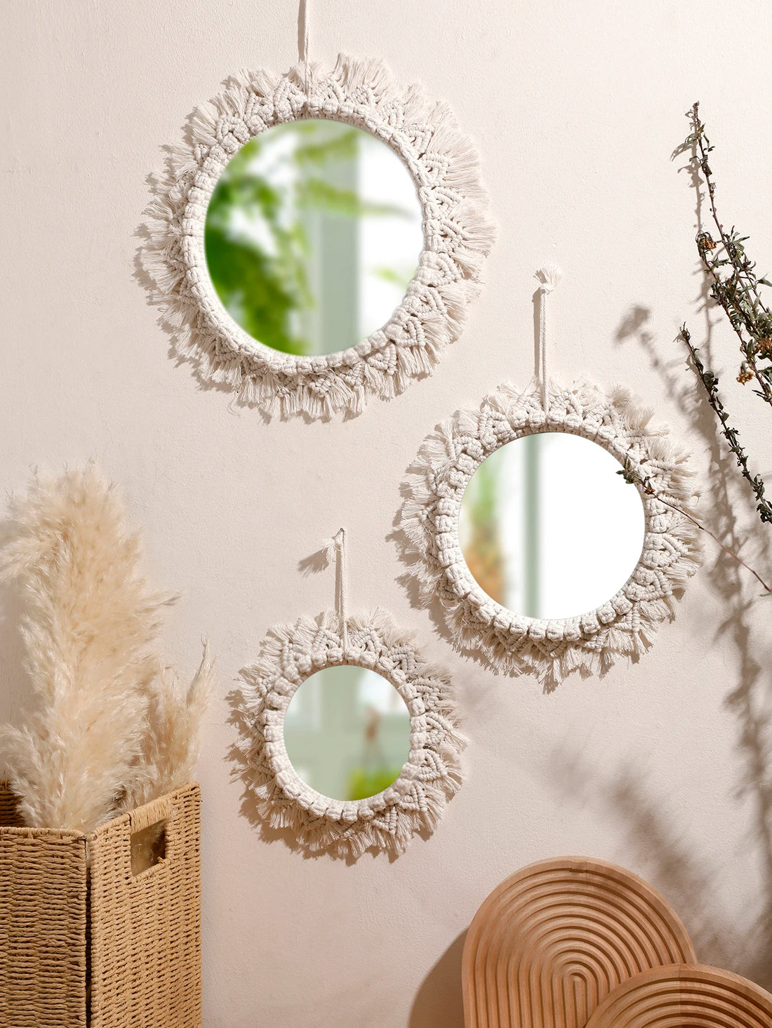 Macrame Mirror Wall Hanging Decorative Mirrors for Vanity Dorm Boho Woven Tassel Home Decor for Living Room Art Decorative Gifts