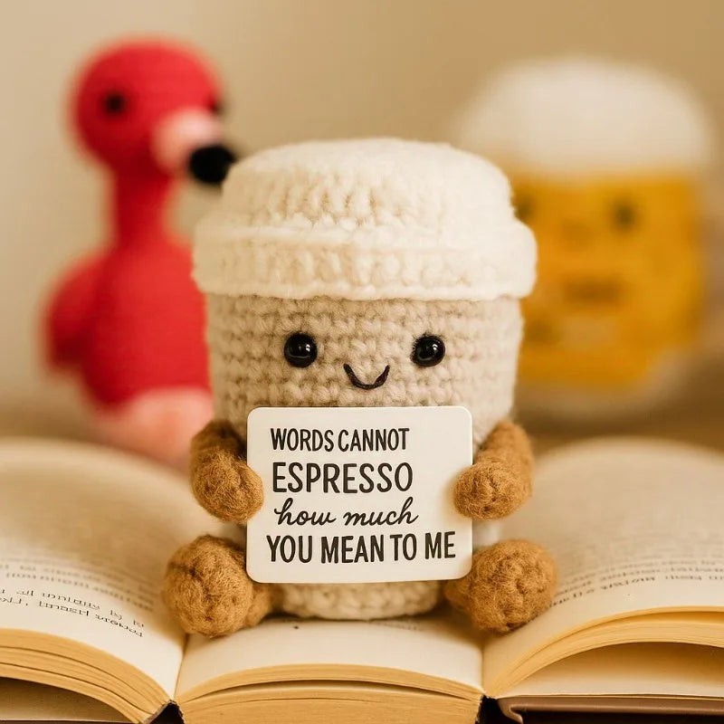 Funny Handmade Crochet Coffee Mug Figure With Card Cute Desktop Ornament Knitted Holiday Gifts Home Office Decor