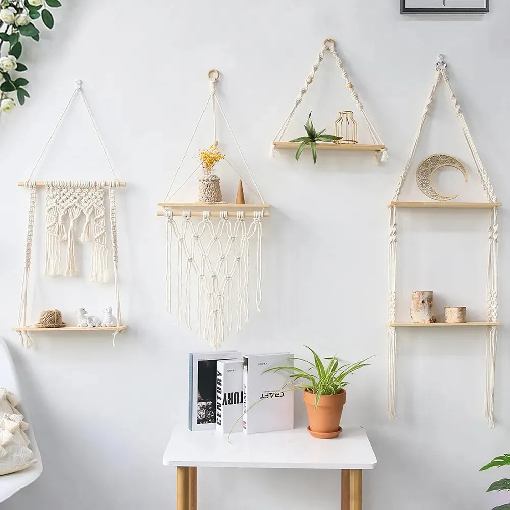 Hand Woven Wooden Floating Wall Shelf Boho Macrame Plant Flower Pot Tray Display Shelf  Nordic Room Modern Home Decoration Gift