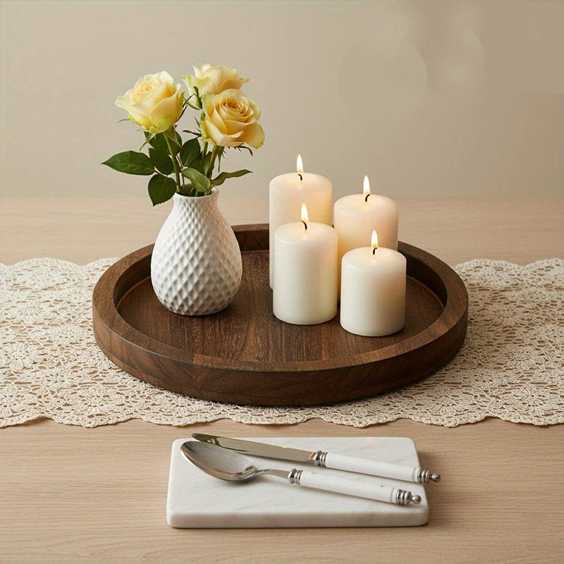 Serving Tray - Farmhouse Style Round Wood Plate for Kitchen Countertop, Coffee Table Centerpiece, Candles & Decor (11.2& 7.9”)