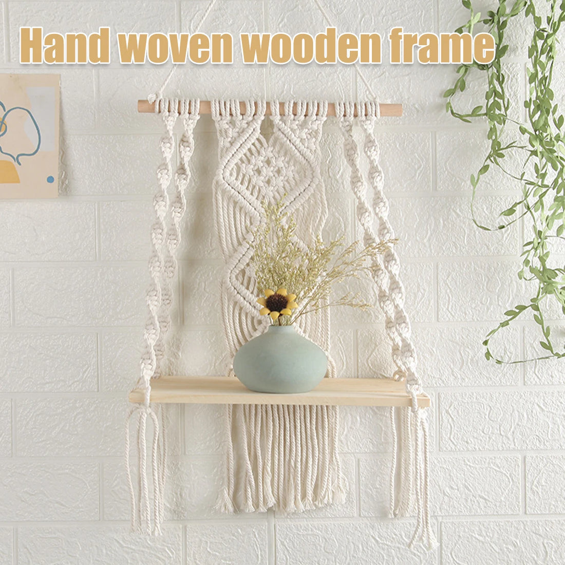 Wooden Floating Storage Holder Macrame Wall Hanging Shelf Board Bohemian Woven Rope Swing Shelf Display Home Book Plant Shelf