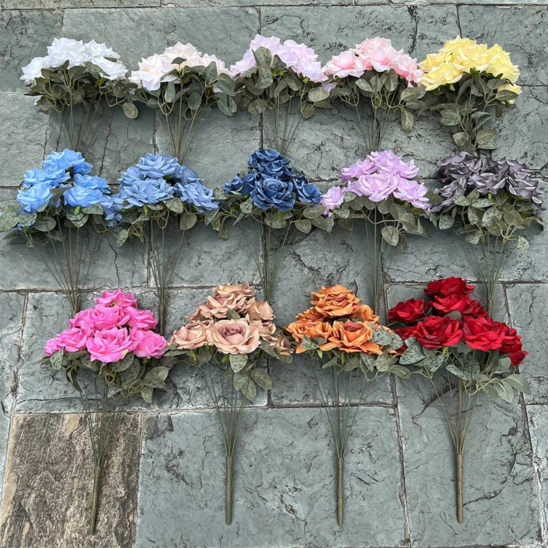 Top 9 Heads Curled Edge Rose Bouquet Artificial Flower Wedding Arrangement Materials Room Home Table Vase Decor Photo Props