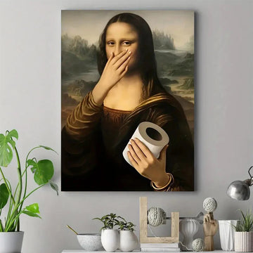 Humorous Bathroom Canvas Poster Printing, Classic Retro Mona Lisa Hand-Held Toilet Paper Canvas Wall Art, For Living Rooms Decor