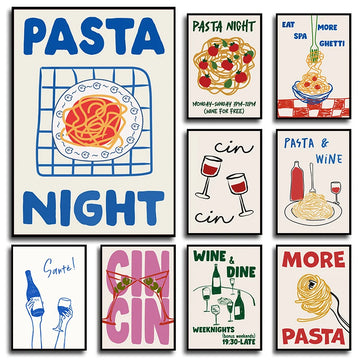 Trendy Wine Cheers Print Posters Retro Poster Pasta Night Food Print Painting Bar Cart Art Decor Maximalist Room Decor