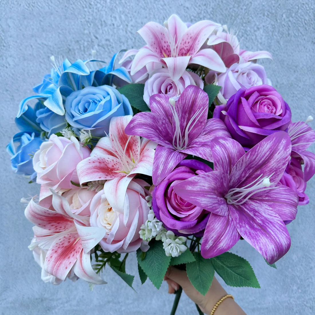 Spring Color Bouquet: 9-Stem Mixed Roses & Lilies with  Roses - Fresh Cut Flowers for Home Decor, Wedding, Anniversary, Gift-G