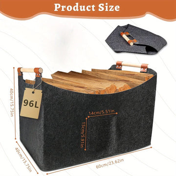 1Pc Large XXL Firewood Basket - Heavy-Duty Foldable Firewood Storage Bin with Thick Fleece & Sturdy Wooden Handles