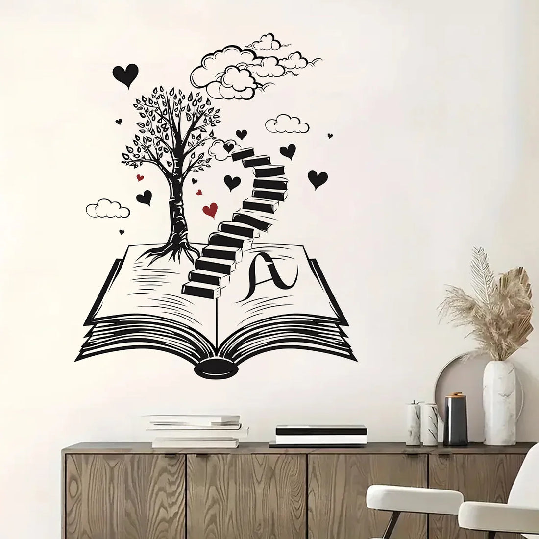 Wall Stickers for Living Room Bedroom Home Decoration Creative Black Heart Book World Ladder Tree Wall Decals Office Wall Decor