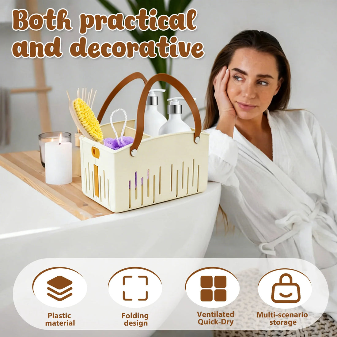 Foldable Shower Caddy Basket Plastic Portable Shower Storage Basket with 2 Compartments Bath Essentials Drainage Basket for Dorm
