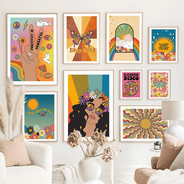 70s Hippie Disco Sun Butterfly Wall Art Canvas Painting Nordic Posters Aesthetic And Prints Wall Pictures For Living Room Decor