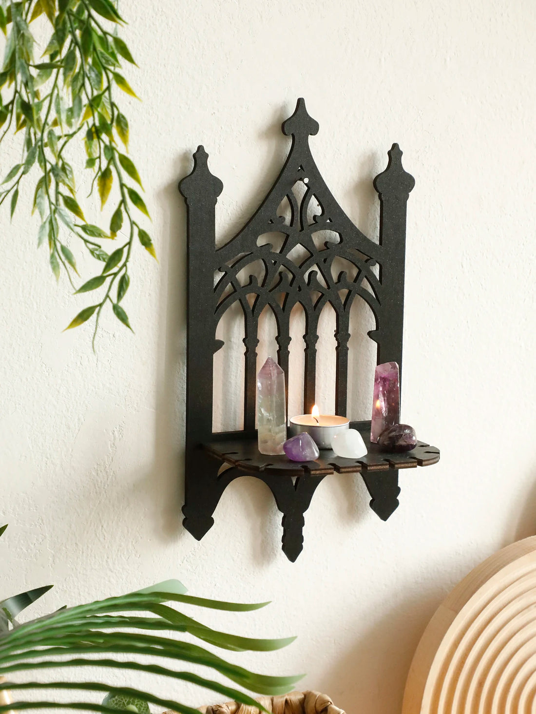 Black Gothic Wooden Shelf Wall Decor Hollow Vintage Fence shape Wall Hanging Decor Floating Shelves Crystal Holder Room Decor