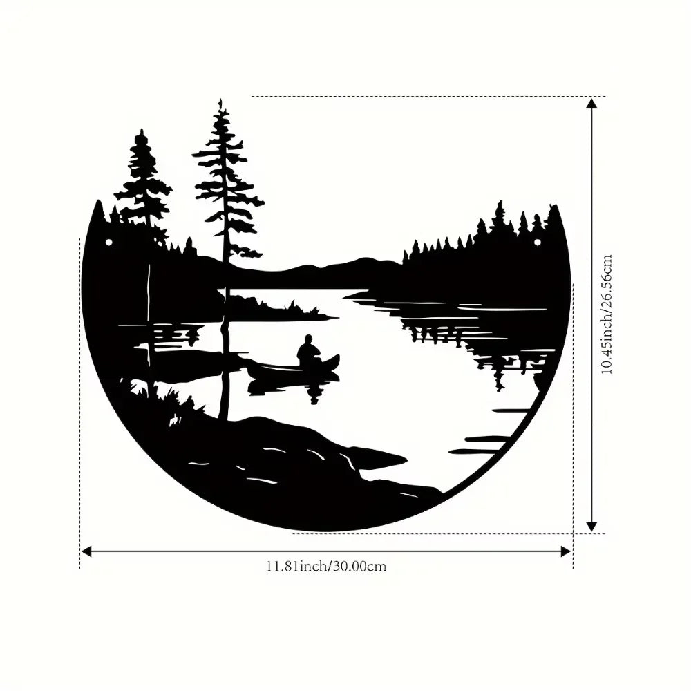 Round Metal Wall Art 1 pc Bohemian Style Scenic Lake and Mountain Silhouette Outdoor Sculpture for Home and Patio