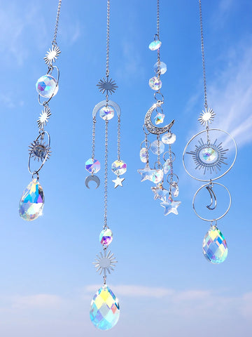 4 Pcs Silver Metal Boho Dreamcatcher Crystal Pendant Hanging Sun Catcher Crystal Suncatcher Garden Outdoor Decors Girl's Gifts