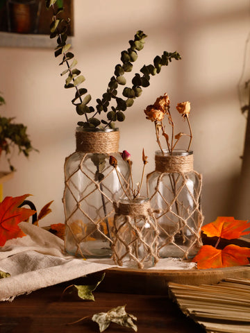 Rustic Glass Vase Table Transparent Vases Boho Home Decor Plant Bottles with Hemp Rope Desk Decoration Net Rope Dry Flowers Vase