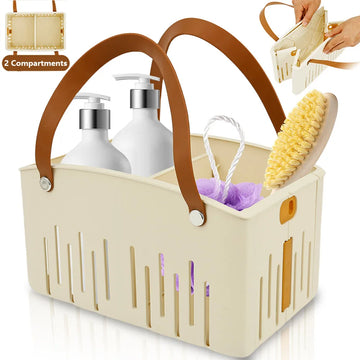 Foldable Shower Caddy Basket Plastic Portable Shower Storage Basket with 2 Compartments Bath Essentials Drainage Basket for Dorm