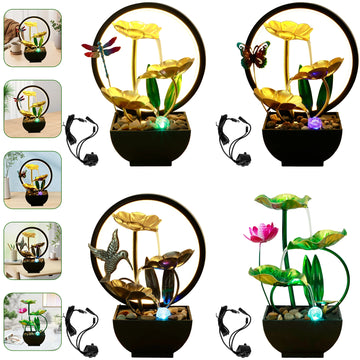 Tabletop Water Fountain USB Powered Tabletop Fountain with Natural Rocks and LED Ring Lights Desktop Waterfall Fountain Zen