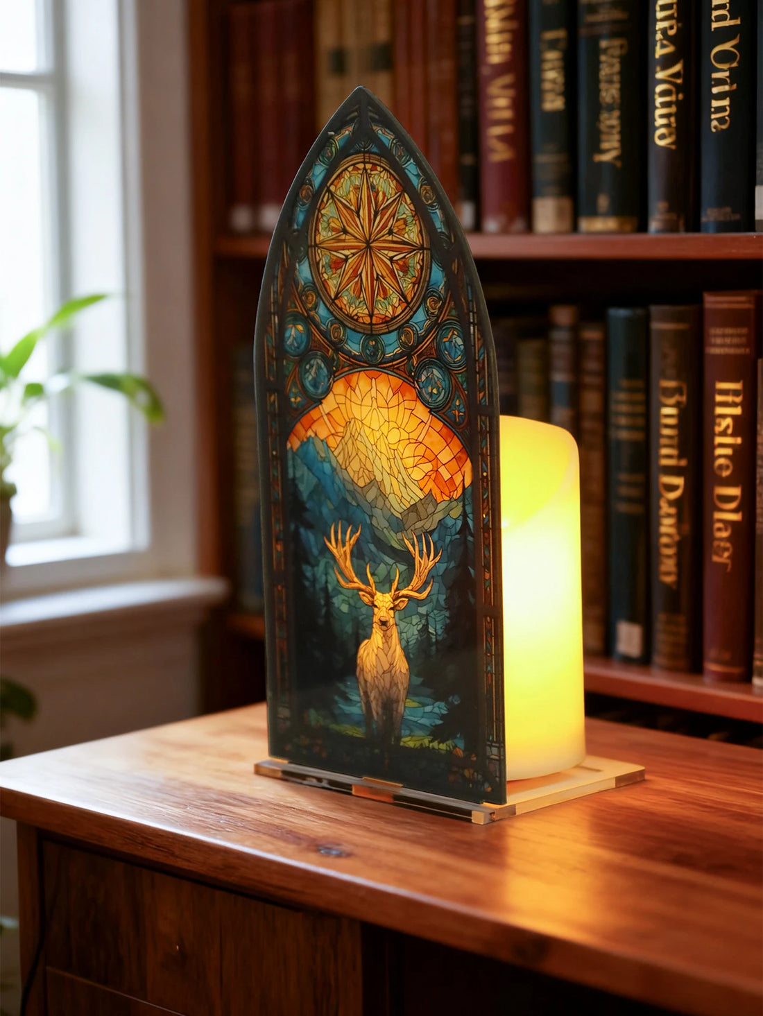 Gothic Acrylic Arch Desk Decor, Vintage Mountain, Deer & Compass Design, Artistic Tabletop Ornament for Living Room & Study Gift