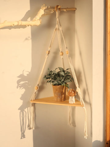 Triangle Floating Wall Shelf 1/2/3-Tier Wooden Wall Shelves Hanging Corner Display Stand with Wood Bead Boho Rustic Home Decor