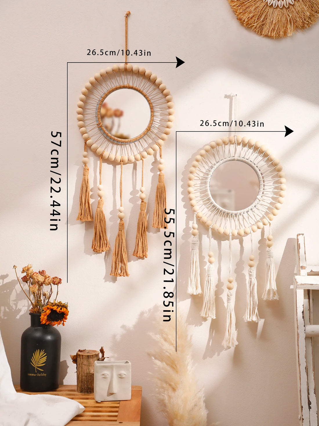 Hand Woven Wooden Beads Decorative Mirrors Wall Hanging Boho Condo Wall Decor Nordic Bedroom Living Room Hallway Home Decoration
