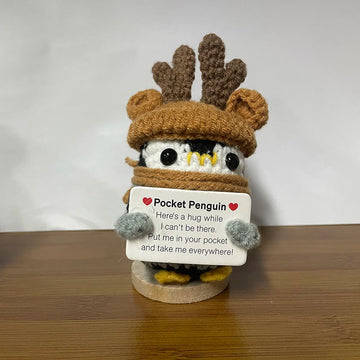 Funny Positive Energy Deer Head Penguin Doll with Card Handmade Knitted Penguin Dolls Christmas Party Gift Home Room Decoration
