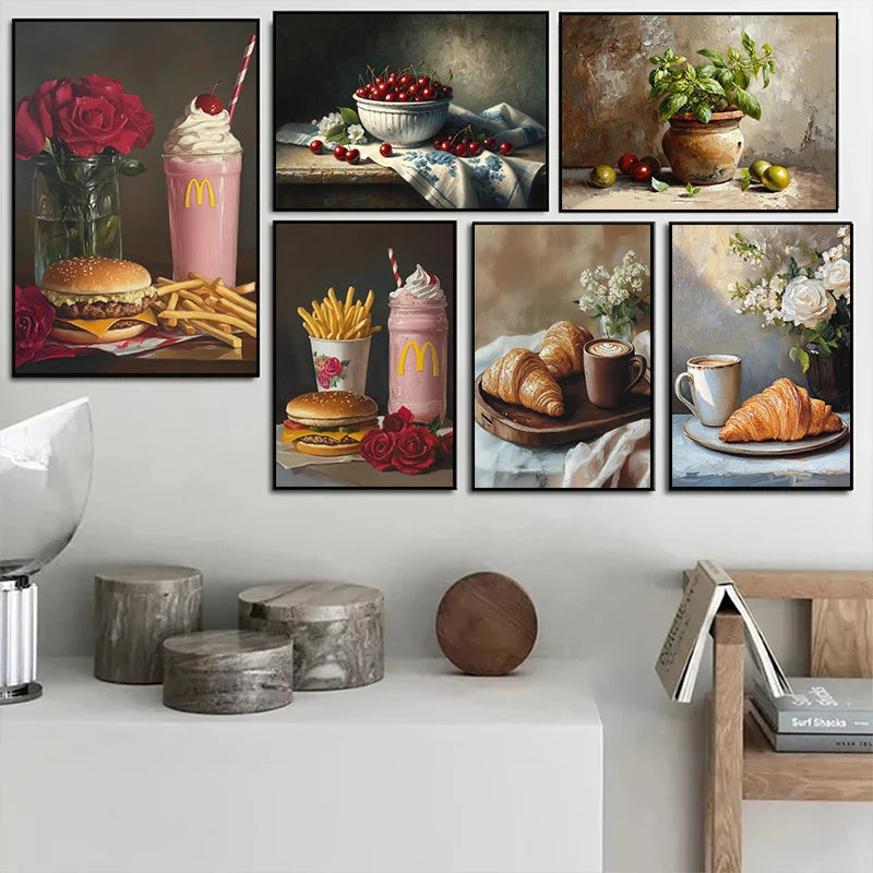 Vintage Oil Painting Art Bread Fruit Kitchen Still Life Posters Prints Canvas Painting Wall Art Picture Living Room Home Decor