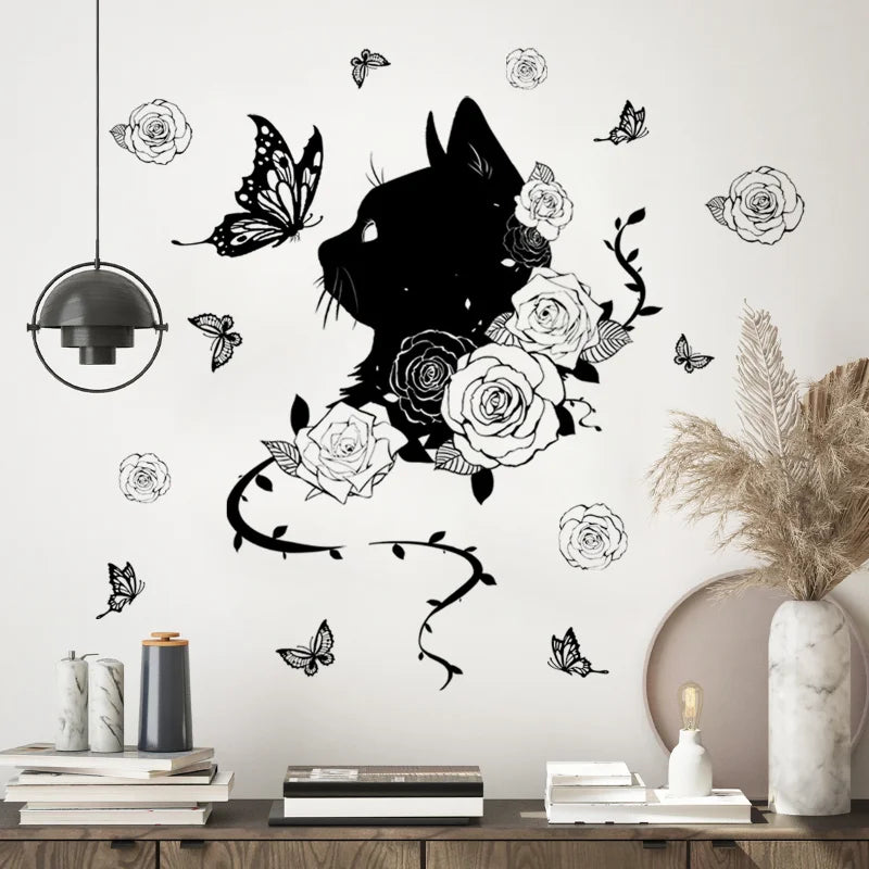 Black cat butterfly Wall Stickers Creative Home Self-adhesive Wall Decor Bedroom living room Decoration Background Wall Stickers