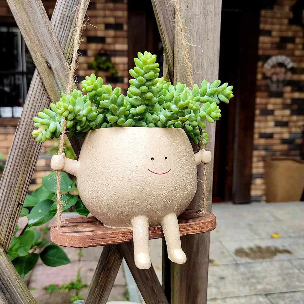 Creative Swing Flower Pot - Cartoon Resin Hanging Planter for Home Garden Decor