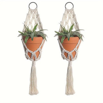 2pcs Boho Chic Macrame Plant Hangers - Handcrafted Rope Baskets for Indoor & Outdoor Decor, Geometric Wall Art