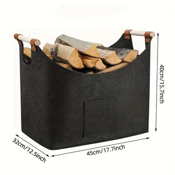Extra Large Foldable Firewood Basket – Heavy-Duty Felt Wood Carrier with Reinforced Handles for Fireplace, Dark Grey