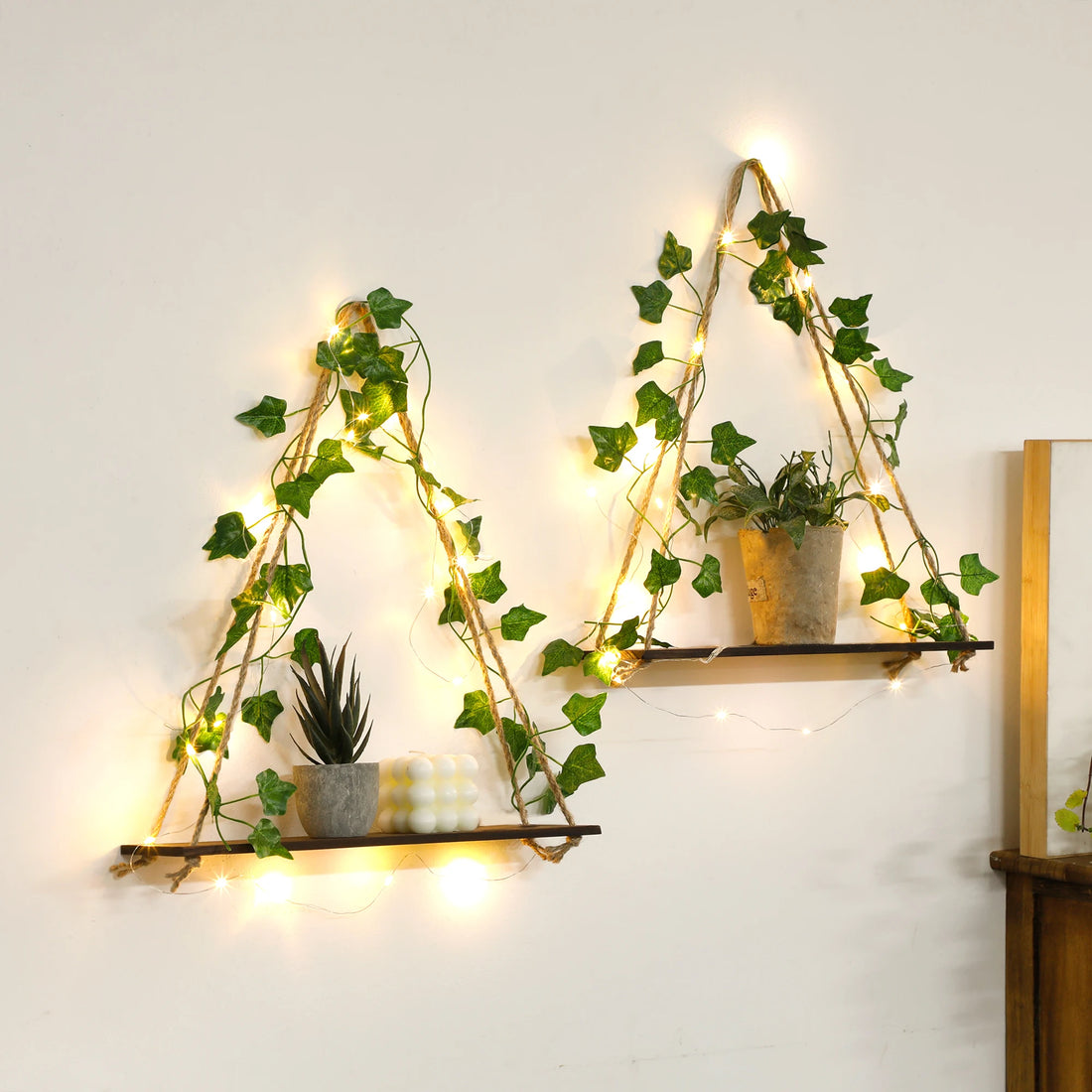 1/2pc Artificial Ivy Led-strip Floating Wall Shelf Boho Home Decoration Nordic Plant Flower Pot Tray Wall Hanging Shelvesgift