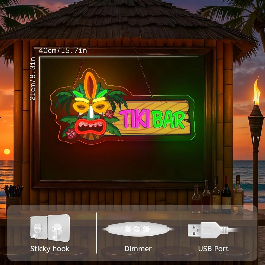 Tiki Bar Neon Sign UV Print Dimmabel Tiki Bar Neon Light Wall Decor for Aloha Hawaii Tropical Birthday Man Cave  Party