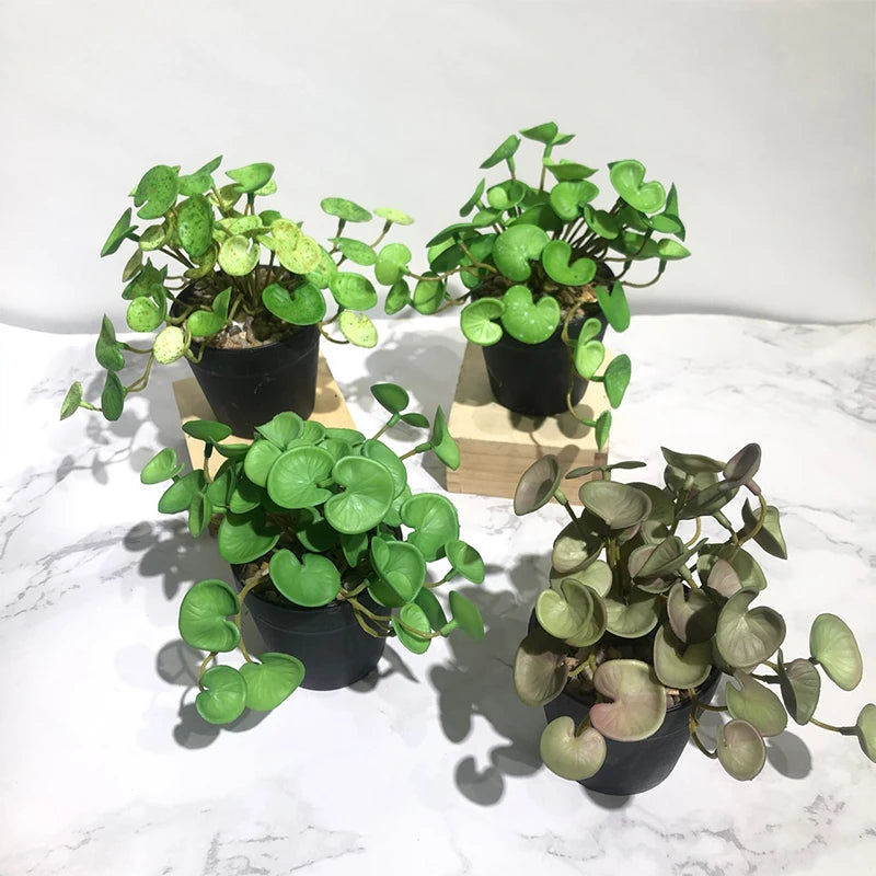 Artificial Plant Mini Bouquet Copper Coin Grass Soft Glue Fake Green Plants Wall Hanging for Home Office Garden Decoration