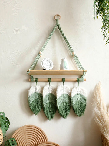Macrame Wall Hanging Shelf with Leaf Tassels Floating Wall Shelf Boho Rustic Home Decor fo Living Room, Bedroom, Nursery Gift