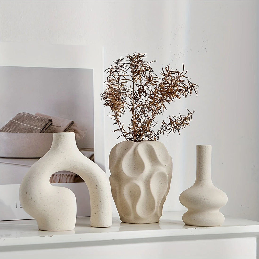 3pcs Bohemian Ceramic Vase Set Modern Minimalist Round & Donut Shape Geometric Pattern Perfect For Fashion Home Decoration
