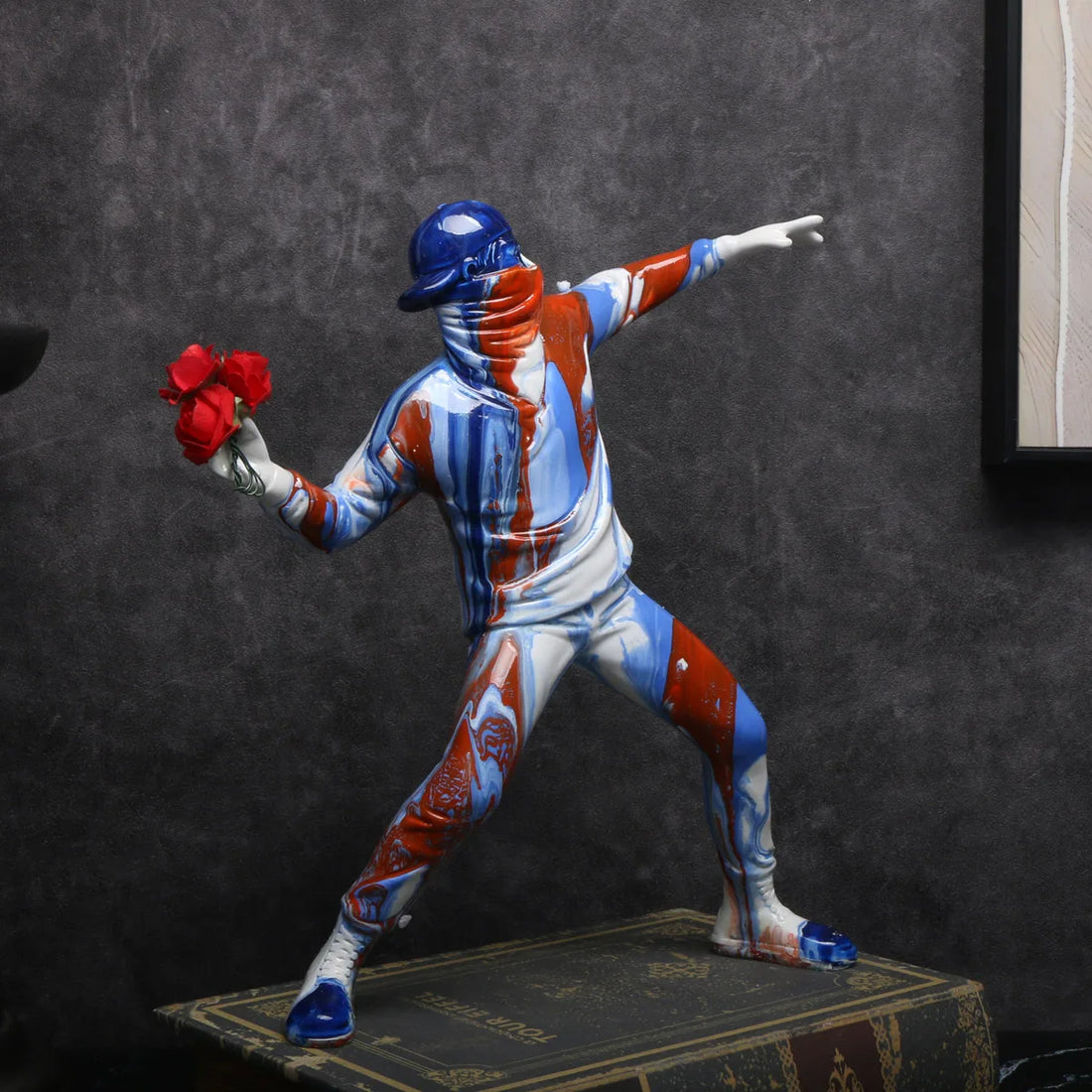 1pc Colorful Balloon Man Throwing  Flowers Sculpture, Modern Resin Decor Peace Statue with Love Pattern