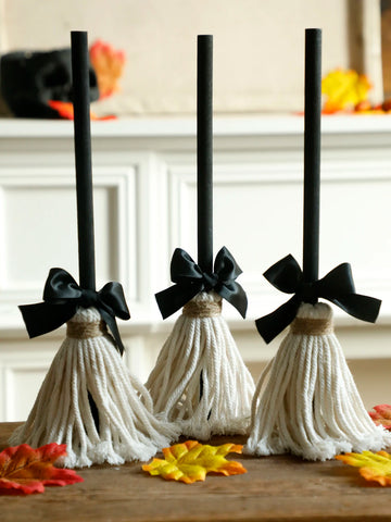1, 3pcs Halloween Witch Broom Decorations Gothic Tabletop Ornaments with Black Bowknot Handmade Craft for Home, Party & Desktop
