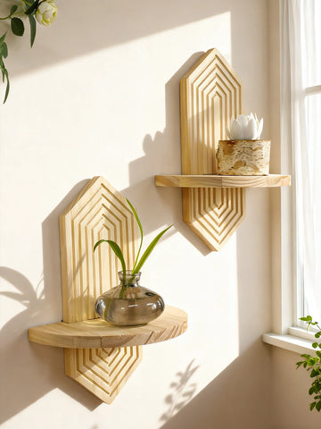 Boho Geometric Wooden Wall Shelves, Floating Shelf for Plants, Natural Wood Wall Mounted Storage for Home Living Room & Bedroom