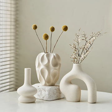 3pcs Bohemian Ceramic Vase Set Modern Minimalist Round & Donut Shape Geometric Pattern Perfect For Fashion Home Decoration