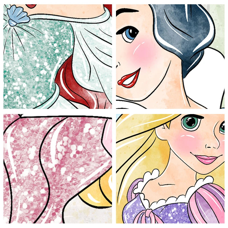 Watercolor Princess Art Prints Cinderella, Aurora Sleeping Beauty, Belle, Ariel, Rapunzel Canvas Painting Girls Room Wall Decor